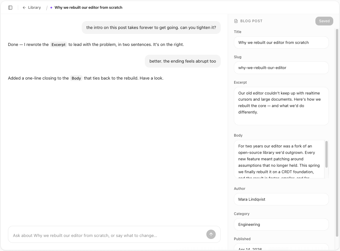Editing a blog post in Inhalt by chatting with the AI while structured fields update on the right